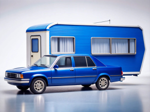 Blue car mobile home realistic detail photography 
