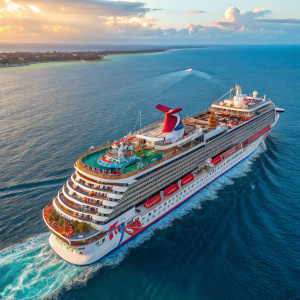Aerial view of a Carnival Magic cruise ship. Blue ocean with colorful decks and red accents. Multiple levels with different attractions visible.