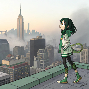 Digital illustration of Tsuyu Asui from My Hero Academia, standing on a rooftop. Cityscape and towering buildings in the background.