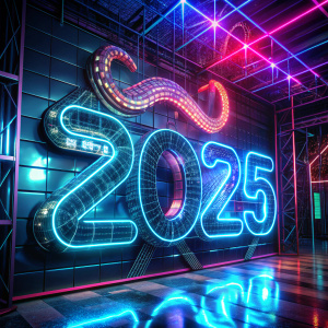 Neon '2025' glowing in cyberpunk colors, with a digital wireframe snake weaving through the numbers.