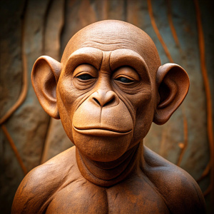 A sculpture of a monkey with a bald head and ears. It has a deep frown and closed eyes. The image has a brown texture.