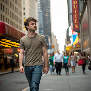 Daniel Radcliffe, in casual t-shirt and jeans, walking down a busy street. Crowds of people around him, cityscape background.
