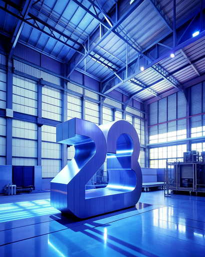 a large volumetric number 23 stands in the middle of the production room, blue room, glare of light in the windows, there are metalworking machines around, purple numbers
