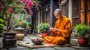 A Buddhist monk in an orange robe tying three old coins with a red thread, sitting in a quiet corner of a traditional Asian courtyard. The courtyard is filled with blooming flowers and an ancient stone lantern.

