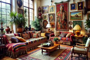 Bohemian Eclectic: A living room that mixes and matches different styles and patterns, creating a unique and eclectic look. Colorful textiles, ethnic artwork, and vintage furniture add to the charm.
