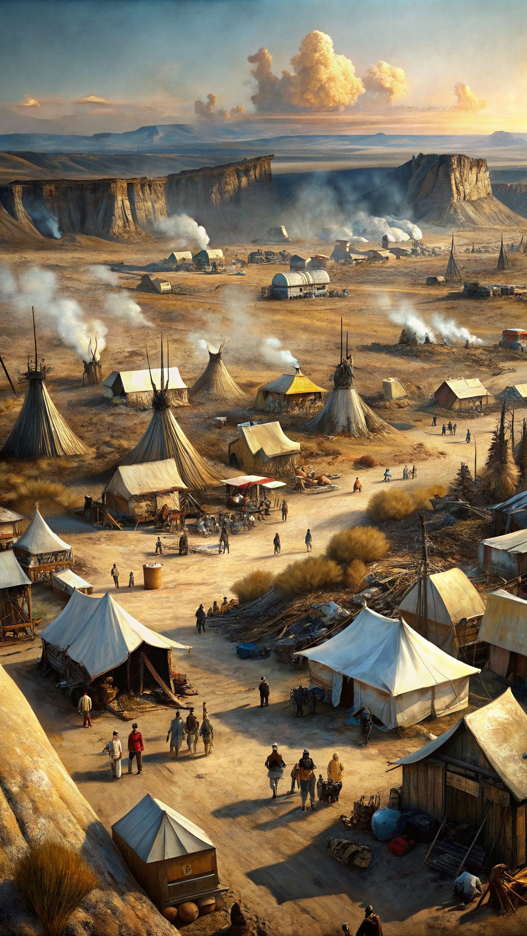 A bustling mining camp has sprung up at the edge of the Great Sioux Reservation, with tents, wagons, and makeshift structures dotting the landscape.
Action: White miners, armed with pickaxes and shovels, are shown prospecting for gold amidst the rugged terrain. Their presence represents the encroachment of outsiders onto Native American land and the disruption of traditional ways of life.