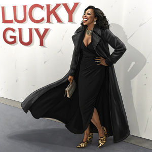 Angela Bassett in a stunning black dress, with a broad smile, standing in front of a plain white wall with 'LUCKY GUY' in bold red letters. She is wearing leopard print shoes and a long dark coat.