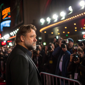 Russell Crowe at a Hollywood premiere. Intense gaze. Crowded venue, paparazzi flashing.