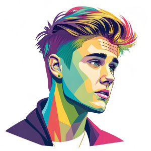 Digital illustration of Justin Bieber. Pop art style, vibrant and varied colors. Minimalistic white background, flat and graphic design focusing on face and hairstyle