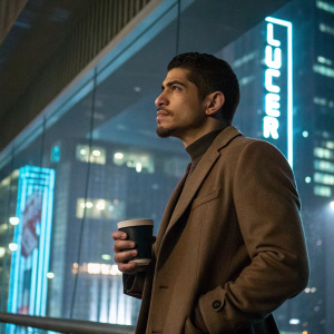 Rick Gonzalez as Det. Bobby Reyes in Law & Order: Organized Crime. Hispanic male in brown suit jacket, holding a coffee mug. Stands in a dimly lit, futuristic urban setting. Neon signs and glass skyscrapers in the background. Soft, cold indoor lighting. Focus on his serious expression.