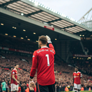 Manchester United's David de Gea wearing a red home jersey with his number 1. At Old Trafford stadium, surrounded by fans and players.
