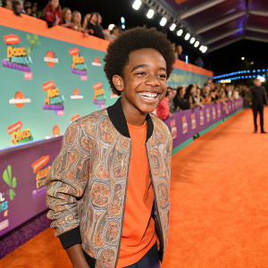 Jahzir Bruno, at Nickelodeon's 2023 Kids' Choice Awards, smiling brightly on the orange carpet. Surrounded by vibrant logos and cheering fans.