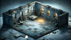 horror scary empty room in isometric-view, apocalypse