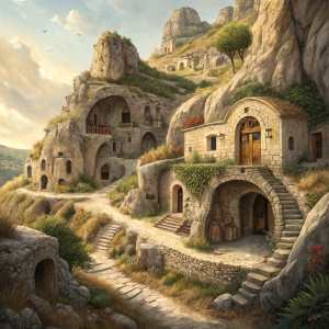 Ancient cave dwellings of Matera, Italy. Stone houses carved into the cliffs. Rustic and charming setting.