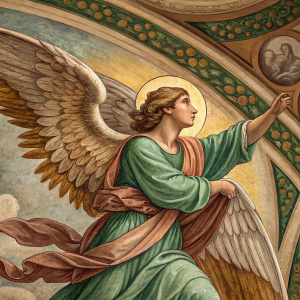 Raphael's fresco at the Vatican, depicting an angel with large wings and serene expression. The angel is in dynamic pose, painted in brown, green, and human skin tones.