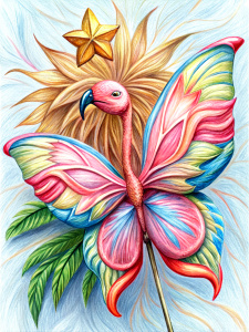 A butterfly with a flamingo tattoo on its wing, holding a star-shaped lollipop.