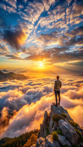 Описание: "Горный пейзаж на закате, мужчина стоит на вершине горы, смотря на далёкие горизонты. В облаках появляется образ женщины, создавая ощущение мечты."
Ключевые слова: закат, горы, вершина, мужчина, горизонт, облака, женский образ, мечта