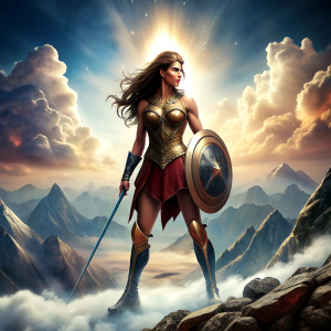 wonder women, Hand holding shield and sword,Standing on the top of Mount Olympus