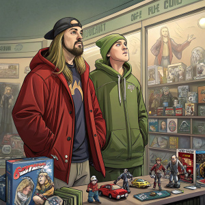 Illustration showcasing Jay and Silent Bob alongside a range of action figures and collectibles from the Secret Stash collection.