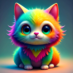 A rainbow color cute cat in the style of muppets animation,sticker vector design, white outlines,  white background