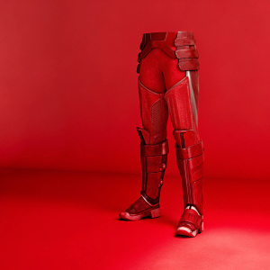 3D rendering of cyberpunk themed lower body armor. Brown with metallic details and intricate patterns. Futuristic and fantasy elements combined. Dark and sleek textures suggest high-quality craftsmanship. Neutral grey backdrop.