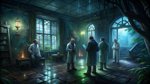 groups of scientists talking in an abandoned old house