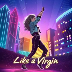 Madonna's 'Like a Virgin' album cover features a vibrant, colorful scene. The artwork showcases a young woman dancing against a neon cityscape. The title is embossed in gold at the bottom.