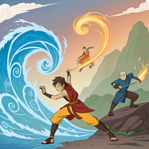 A promotional poster for Nickelodeon's Avatar: The Last Airbender featuring main characters in action poses, set against a backdrop of swirling elemental forces. The design is in vibrant hues with a blend of earthy and bright colors, illustrating the show's distinctive cartoon style.