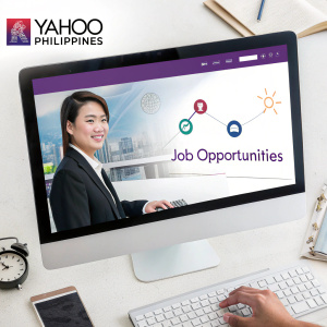 A desktop view of the Yahoo Philippines homepage. Dominated by an advertisement for a new employment initiative featuring a sleek profile picture with modern icons and a headline promoting job opportunities.