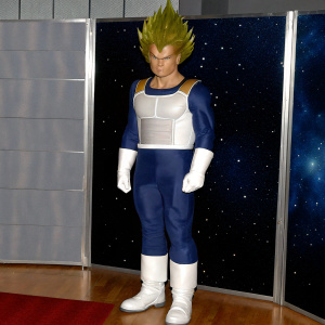 High-definition rendering of Majin Vegeta. Majin Vegeta stands in an imposing pose with detailed blue outfit. Spiky green hair and muscular build. Set against a dark, starry background.