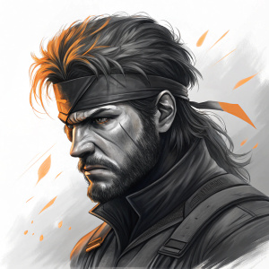 Digital sketch of Solid Snake. Focus on face. Intense expression. Black and gray tones with orange highlights.