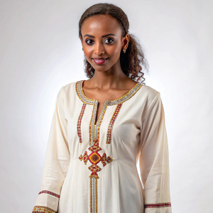 Habesha Kemis Beautiful Habesha Libs smooth cotton silk neck for embroidery design detailed by Ethiopian cross, cloth with ultra-accurate precise details, attractive, perfect body, visible attractive chest line, and face,  long hand sleeves.