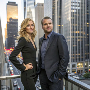 Bar Paly and Chris O'Donnell from 'NCIS: Los Angeles' posing outside a bustling city skyscraper. Both wear modern business attire.