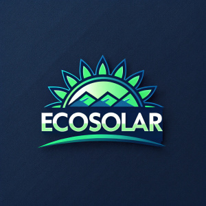 Modern logo for EcoSolar. Features a sleek sunburst emblem with dynamic green and blue hues, bold gradient effect, and stylish font.