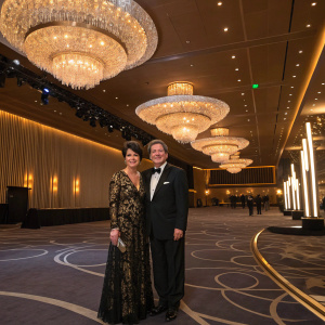 Desi Arnaz Jr. and Lucie Arnaz at the Television Academy's Governors Awards. Inside a modern ballroom. Ornate chandeliers hanging from ceiling.