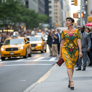 Rossy de Palma walking on a bustling New York City street. Wearing a vibrant, unique dress. Crowd of people and yellow taxis in background