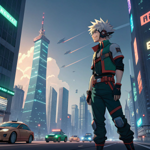 Katsuki Bakugo from 'My Hero Academia', illustrated in vibrant 3D animation. Set against futuristic urban backdrop.