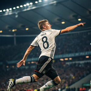 German soccer player Toni Kroos, intense gaze, mid-jump. Wearing jersey with stripes and number 8. Large stadium crowd in background.