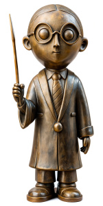 A bronze statue of a cute slender man in glasses wearing Gryffindor uniform, holding a magic wand in his right hand