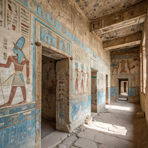 Crumbling temple walls painted with faded murals. Hues of blue and brown. Intricate hieroglyphics and figures