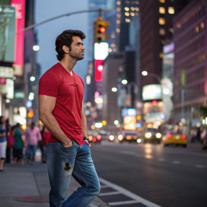 Hrithik Roshan, male actor, standing on a bustling street corner. He is dressed in a casual outfit: blue jeans and a red t-shirt. Vibrant city lights and passersby create a dynamic backdrop.