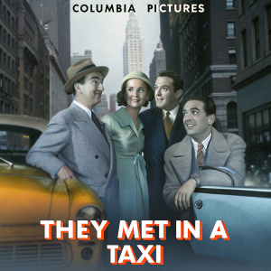 Vintage movie poster for 'They Met In A Taxi' (1936) by Columbia Pictures. Chester Morris, Fay Wray, Lionel Stander, and Raymond Walburn pose amidst a vibrant blue and orange color scheme, set against the backdrop of a classic cityscape.