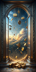 Crea una imagen de: Una ventana en el cielo abriéndose con monedas cayendo como lluvia, representando oportunidades financieras inesperadas. 64K. Cinematico. Realista. Finos detalles