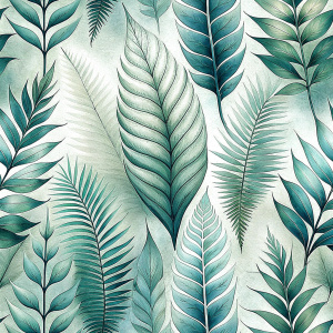 white and clears backgraunds.ferns and sparsely placed tropical leaves.only
 . laying repeat