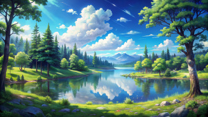 nature, lake, forest, 4k, anime sketch.