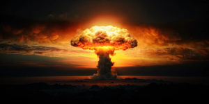 view of nuclear bomb exploxion in ukraine in  a black background silhouette
 