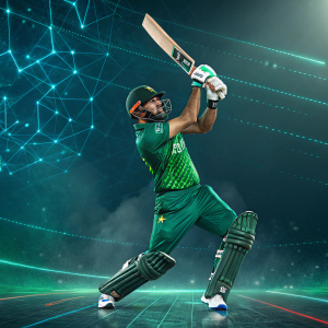 Naveed Ahmad, cricket player, in high-definition 3D rendering. Green uniform, athletic stance. Set against futuristic digital backdrop, featuring intricate cricket equipment and glowing effects