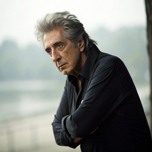 Al Pacino in dramatic pose. Grey hair, dark shirt. Background is blurred, soft lighting.
