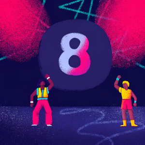 Stylized cartoon characters, with vibrant colors and dynamic poses, against a graffiti-style background. A large, stylized number '8' prominently featured. Retro music vibe.