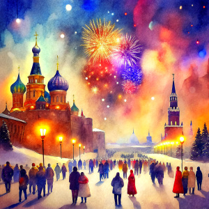 new year celebration in Moscow. fireworks. A lot of people